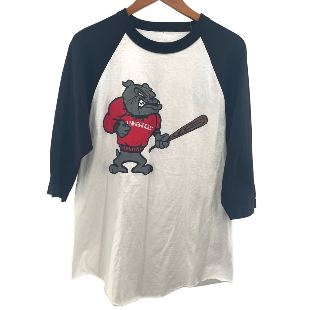 UNHEARDOF Baseball Tee Shirt in Large with Raw Hem "No. 8 Mosted Hated " Bulldog